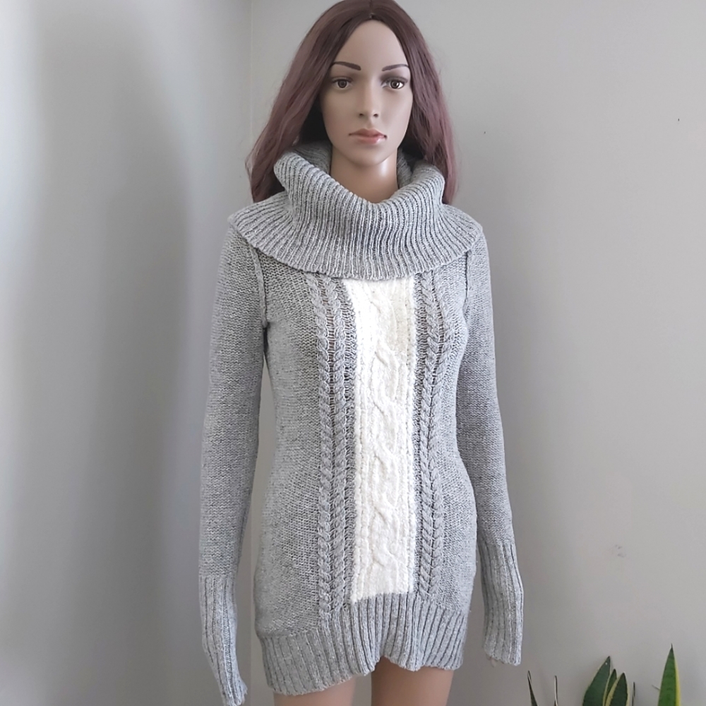 anthropologie If It Were Me gray wool cowl neck cable knit sweater dress tunic